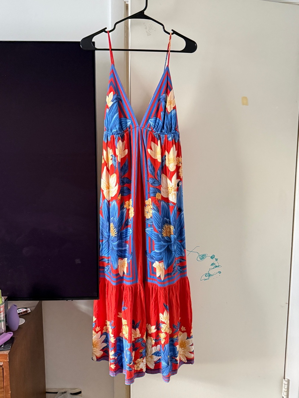 Farm Rio Red Floral Maxi Sundress with Blue Blossom Print medium size euc